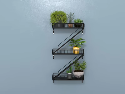 Z Shaped Metal Wall Cabinet Mounted On Gray Wall With Green Plants And Yellow Container 3d model