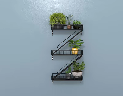 Z Shaped Metal Wall Cabinet Mounted On Gray Wall With Green Plants And Yellow Container 3d model
