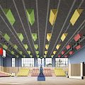Basketball Gymnasium Interior With Colorful Geometric Pendant Lights Wooden Walls And Large Screen