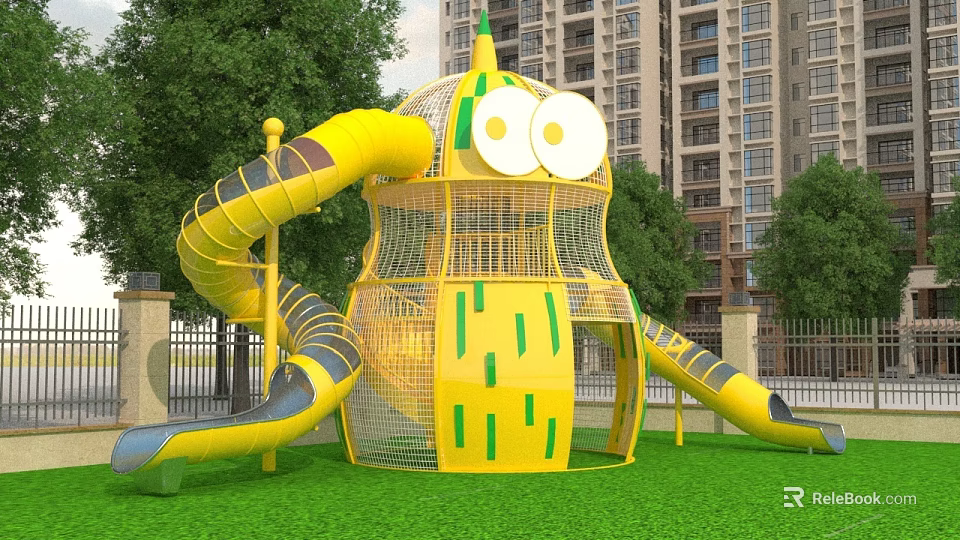 Fun Outdoor Playground Equipment With Yellow Slides And Net Structure 3d model 