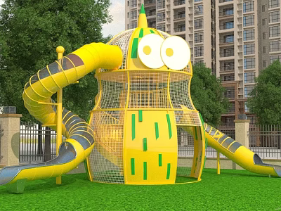 Fun Outdoor Playground Equipment With Yellow Slides And Net Structure 3d model