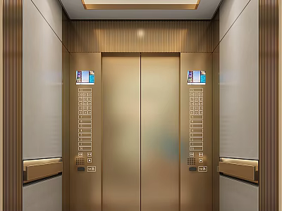 Modern Elevator Interior With Golden Door Control Panel And Ceiling Light 3d model