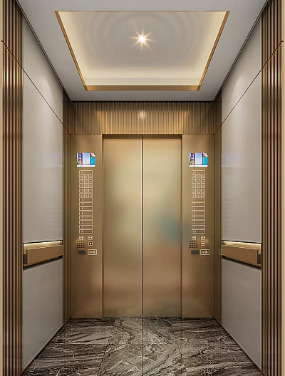 Modern Elevator Interior With Golden Door Control Panel And Ceiling Light 3d model