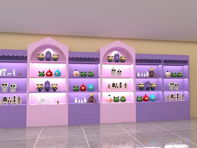 Purple and Pink Display Shelves with Arched Top and Layered Small Toys Decorations 3d model