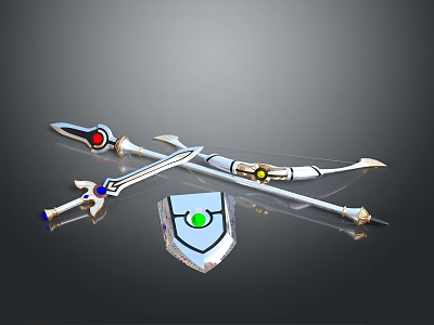 Crossed Fantasy Weapons Sword Bow With Decorative Shield Red Blue Green Gems 3d model