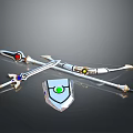 Crossed Fantasy Weapons Sword Bow With Decorative Shield Red Blue Green Gems
