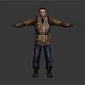 Male Character Wearing Brown Coat Blue Pants Brown Boots With Arms Outstretched Against Gray Background