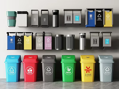 Colorful Household Waste Bins With Various Recycling Signs And Designs For Home 3d model