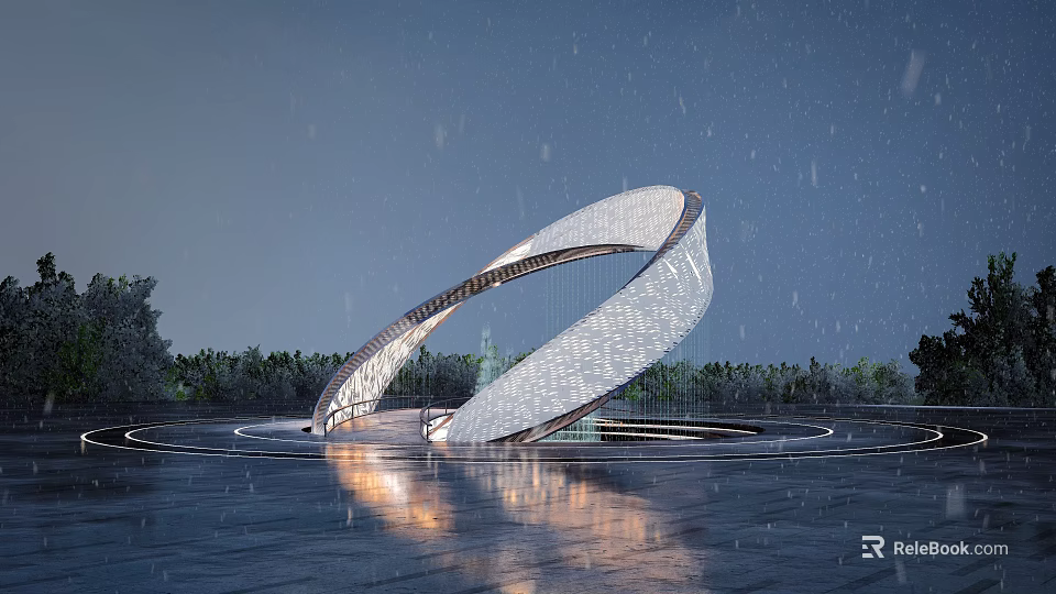 Arc Shaped Sculpture With Perforated Surface In Night Scene With Water Reflection And Snowflakes 3d model 