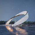 Arc Shaped Sculpture With Perforated Surface In Night Scene With Water Reflection And Snowflakes
