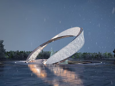 Arc Shaped Sculpture With Perforated Surface In Night Scene With Water Reflection And Snowflakes 3d model