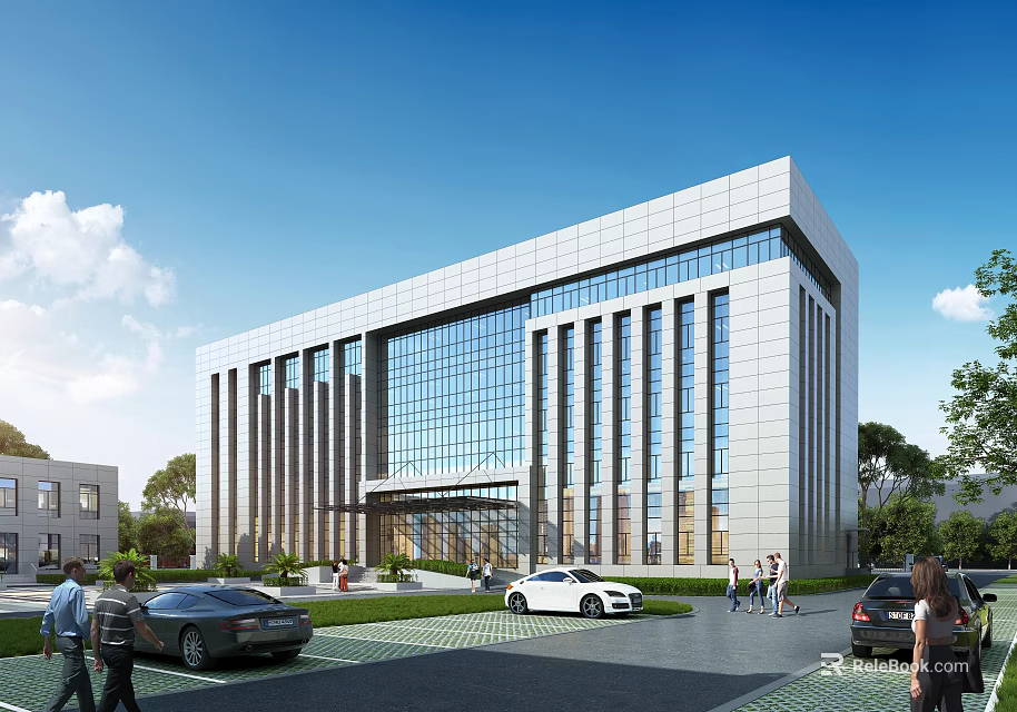 Aerial Planning Featuring Modern Office Building Glass Curtain Wall Greenery and Parking Layout 3d model 