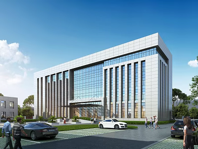 Aerial Planning Featuring Modern Office Building Glass Curtain Wall Greenery and Parking Layout 3d model