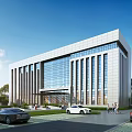 Aerial Planning Featuring Modern Office Building Glass Curtain Wall Greenery and Parking Layout