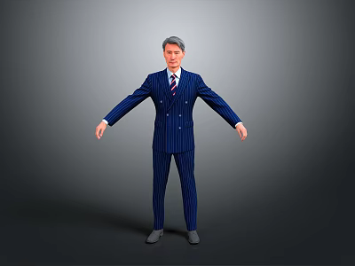 Man In Blue Pinstriped Suit Standing With Arms Outstretched On Gray Background 3d model