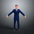 Man In Blue Pinstriped Suit Standing With Arms Outstretched On Gray Background