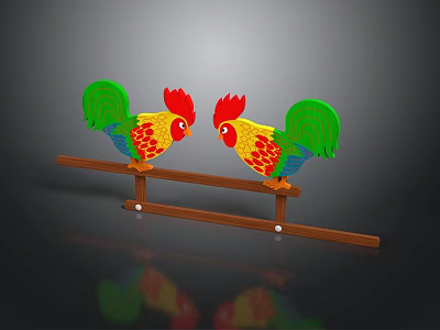 Colorful Decorative Roosters Standing On Wooden Bar For Home Decoration 3d model