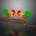 Colorful Decorative Roosters Standing On Wooden Bar For Home Decoration