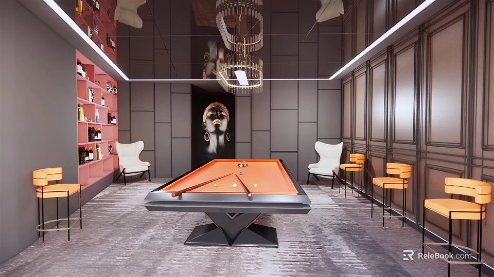 Stylish Billiards Room Interior Design with Orange Pool Table Black Walls Chandelier Bookshelves and Chairs 3d model 