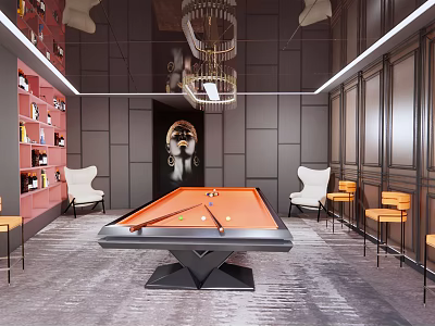 Stylish Billiards Room Interior Design with Orange Pool Table Black Walls Chandelier Bookshelves and Chairs 3d model