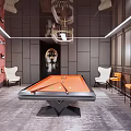 Stylish Billiards Room Interior Design with Orange Pool Table Black Walls Chandelier Bookshelves and Chairs