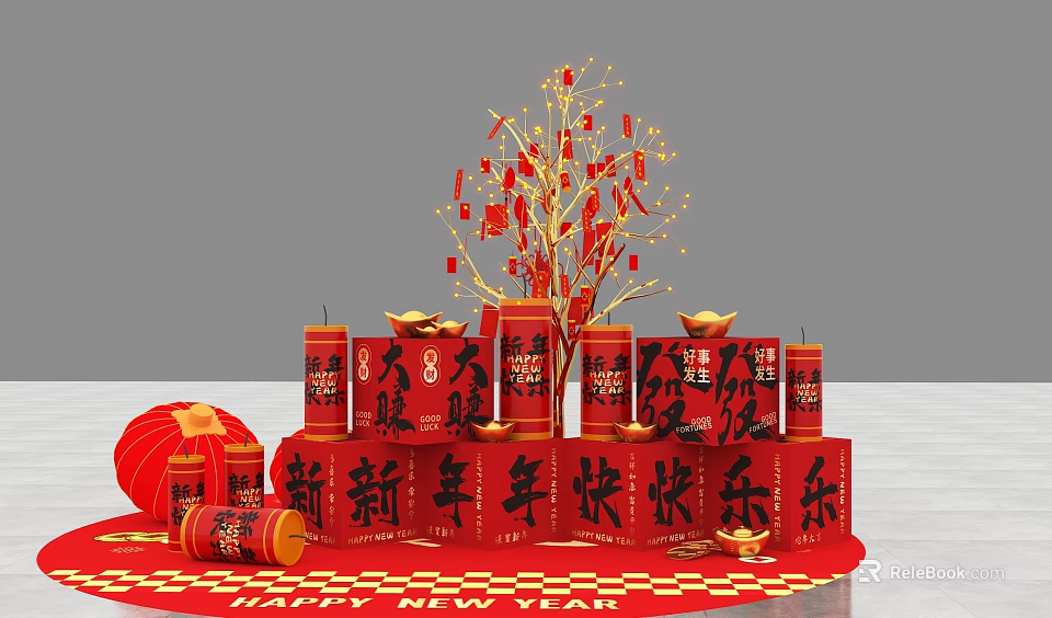 New Year Photo Spot With Red Pillars Golden Decorations Lanterns And Happy New Year 3d model 