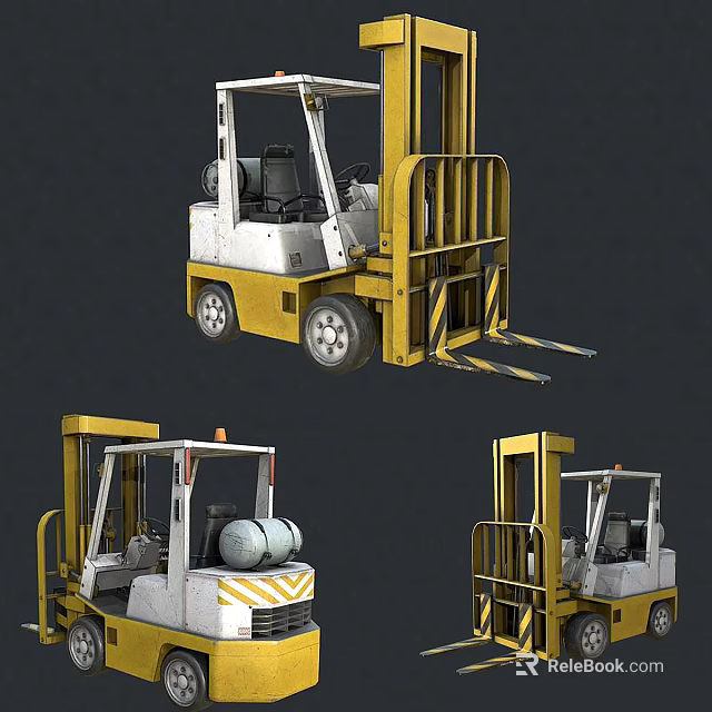 Yellow And White Industrial Utility Forklift With Cab Forks Tires And Gas Cylinder 3d model 