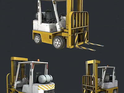 Yellow And White Industrial Utility Forklift With Cab Forks Tires And Gas Cylinder 3d model