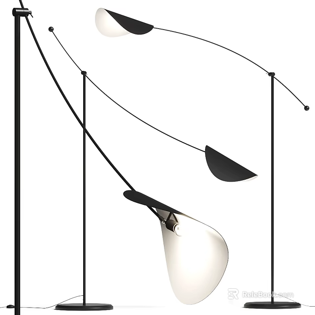 Modern Floor Lamp With Curved Black Metal Stand And White Glass Shade 3d model 