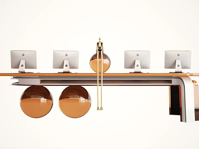 Modern Reception Desk With Multiple Computer Monitors Brown Spherical Decorations And Golden Metal Stand 3d model