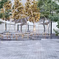 Modern Golden Arched Pergola With White Canopy Over Pool Reflections And Building