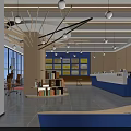 Tanzhou College Bright Reception Area With Blue Desk Display Boards Bookshelves And Pendant Lights