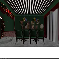Vintage Themed Interior Design Featuring Green Walls Red Curtains Colorful Pendant Lights And Wall Decor