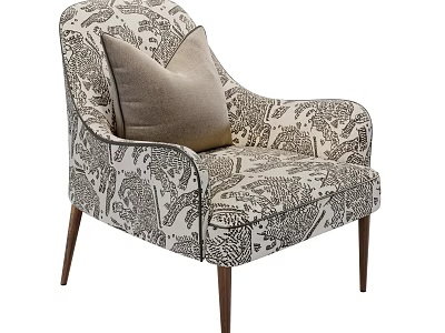 Black And White Animal Print Accent Chair With Light Gray Cushion And Wooden Slim Legs 3d model