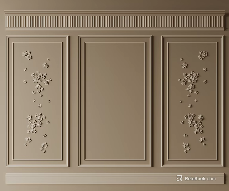 Line Decorated Beige Wall Panels Featuring Symmetrical Floral Patterns And Smooth Central Panel 3d model 