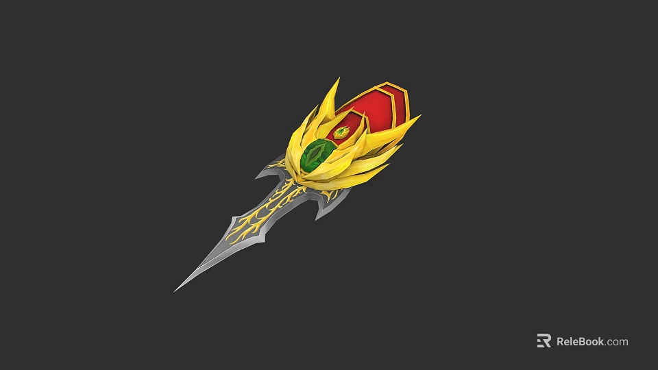 Ornate Fantasy Weapon With Golden Decoration Red Green Gems And Silver Blade 3d model 