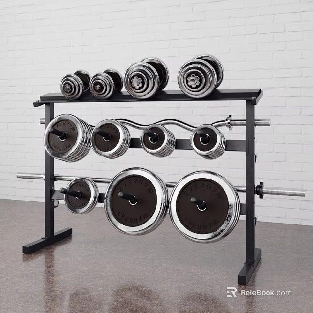 Sports Equipment Rack With Dumbbells And Weight Plates On White Brick Wall 3d model 