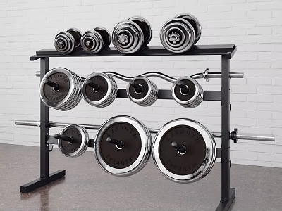 Sports Equipment Rack With Dumbbells And Weight Plates On White Brick Wall 3d model