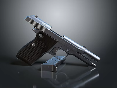 Classic Silver Pistol With Black Grip And Detachable Magazine On Reflective Surface 3d model