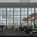Spacious Modern Hotel Lobby With Large Windows Crystal Chandelier Red Maple Tree And Sofas Tables
