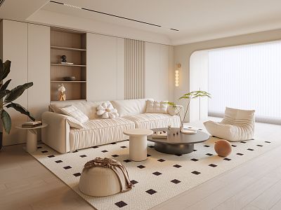 Cream Home Living Room Cream Style Sofa Coffee Table Group Cream Multi-Person Sofa Cream Style Carpet Dream Curtain Single Chair 3d model