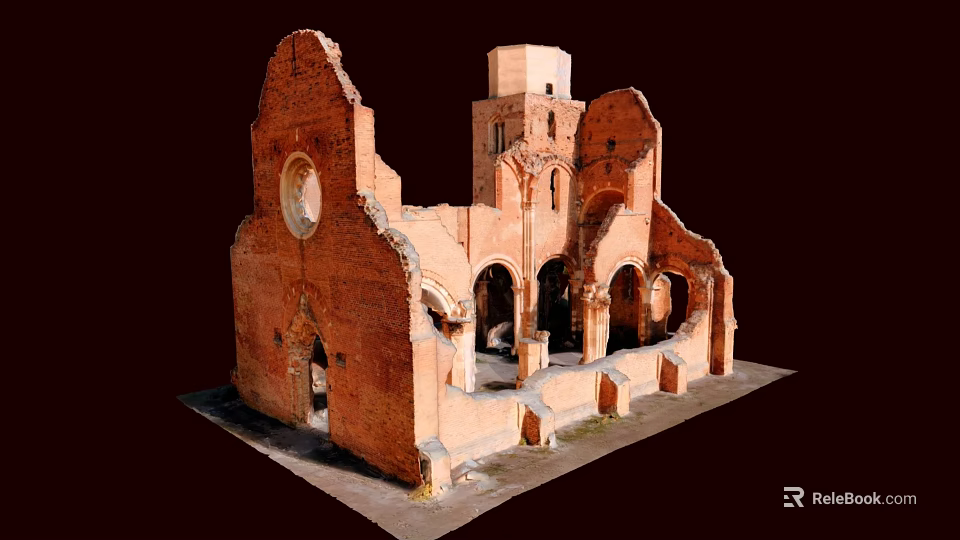 Ancient Red Brick Ruined Building With Arched Doorways Circular Window And Tower Structure 3d model 
