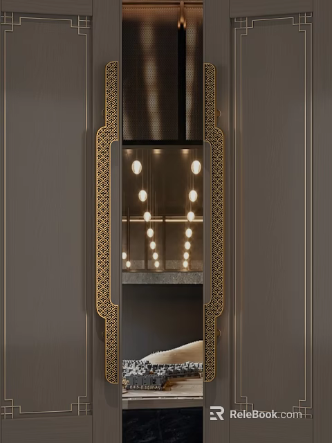 Elegant Door Handle On Gray Door With Golden Decorative Frame Transparent Section And Round Pendant Lights 3d model 