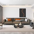 Modern Living Dining Room Interior With Gray Sofa Orange Cushions TV Wall And Sculptures