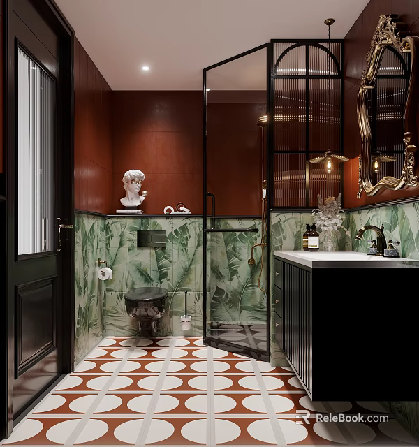 Modern Bathroom Interior With Green Tiled Walls Glass Partition And Decorative Sculpture 3d model 