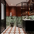 Modern Bathroom Interior With Green Tiled Walls Glass Partition And Decorative Sculpture