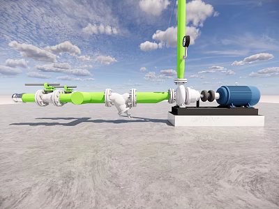 Industrial Equipment Setup With Green Pipes White Valves Blue Motor And Green Column 3d model