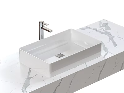 Elegant Modern White Rectangular Washbasin On Smooth Marble Countertop With Chrome Faucet 3d model