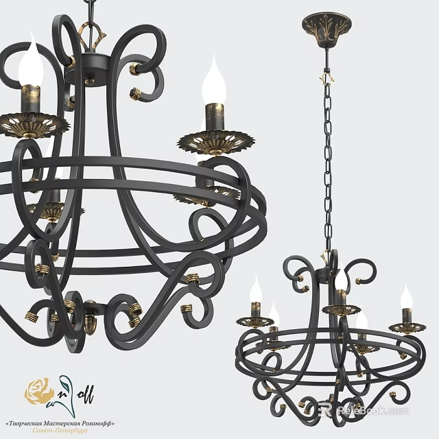 Black Metal Chandelier With Ornate Design And Candle Lights Hanging By Chain 3d model 