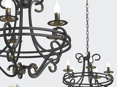 Black Metal Chandelier With Ornate Design And Candle Lights Hanging By Chain 3d model